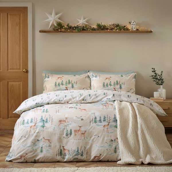 Единично  фланелено спално бельо в естествен цвят 135x200 cm Brushed Christmas Deer – Catherine Lansfield