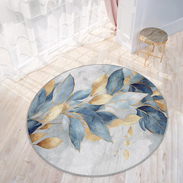 Синьо-златист кръгъл килим подходящ за пране ø 120 cm Golden Leaves – Mila Home-image-3