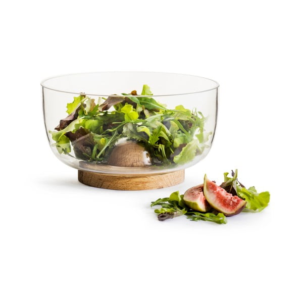 Стъклена купа за салата с дъбова основа Nature, ⌀ 18 cm - Sagaform