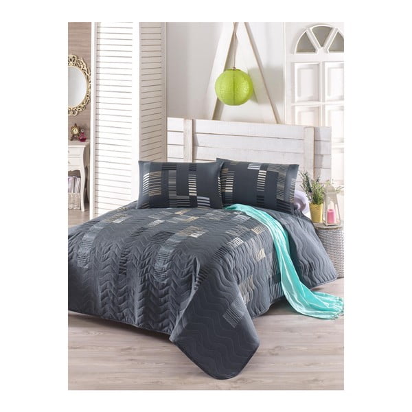 Антрацит, комплект покривка за легло и калъфка за възглавница от памучна смес, 160 x 220 cm Trace - Unknown