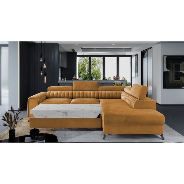 Жълт кадифен разтегателен ъглов диван с място за съхранение (десен ъгъл L форма) Laurence – ELTAP-image-2