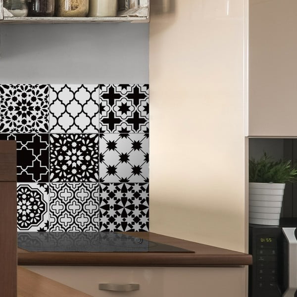 Комплект от 9 стикера за стена Classic Azulejos Black and White Shade, 10 x 10 cm - Ambiance