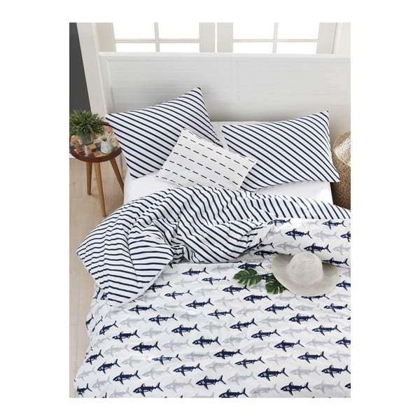 Чаршаф за двойно легло със спално бельо от памук ранфорс Тъмно синьо и бяло, 200 x 220 cm Shark - Mijolnir