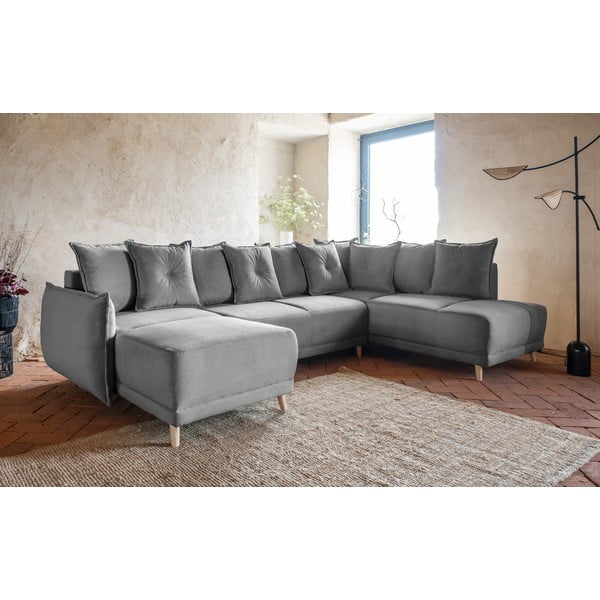 Ъглов разтегателен диван от сив велур (десен ъгъл/U-образна форма) Lazy Lukka - Miuform-image-3