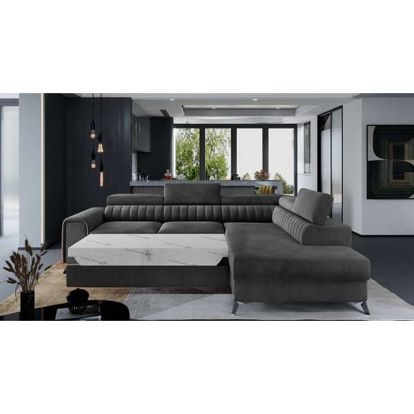 Тъмносив кадифен разтегателен ъглов диван с място за съхранение (десен ъгъл L форма) Laurence – ELTAP-image-2