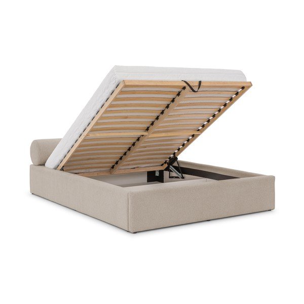 Бежово двойно легло 200x200 cm тапицирано с място за съхранение с включена подматрачна рамка Cille – Ropez-image-2