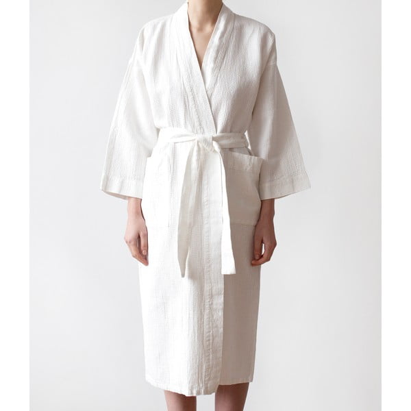 Бял халат за унисекс, изработен от памук и лен, размер. S - Linen Tales