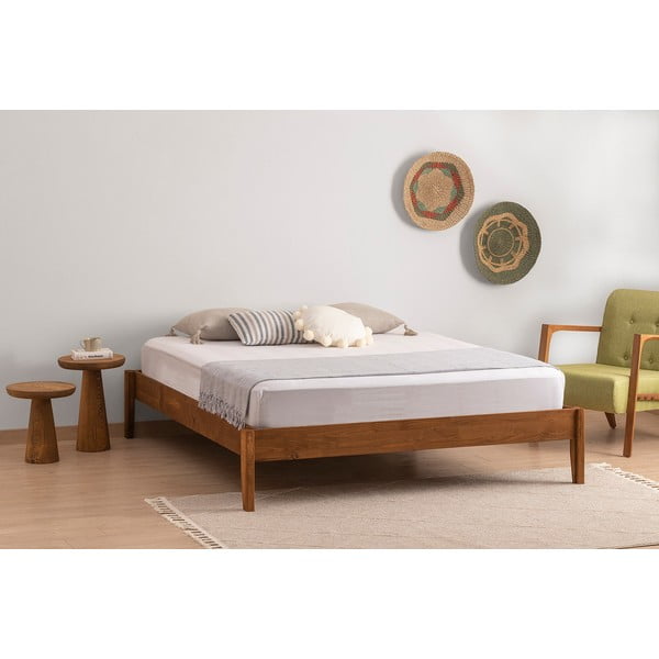 Двойно легло от масивен смърч с включена подматрачна рамка в естествен и тъмнокафяв цвят 180x200 cm Galaksi – Kalune Design-image-1