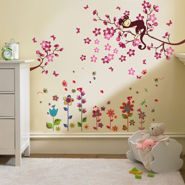 Samolepka na zeď Walplus Colorful Flower with Pink Monkey