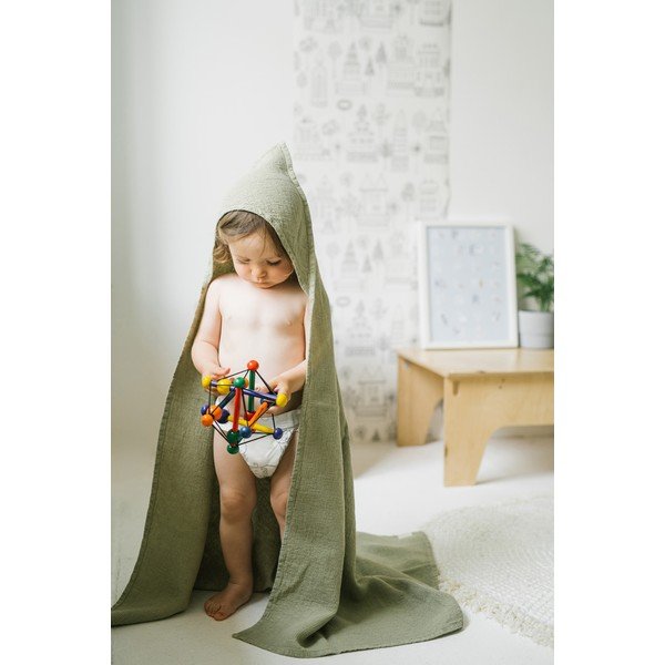 Бебешко зелена хавлиена кърпа с качулка Linen Tales Waffle, 100 x 100 cm-image-4