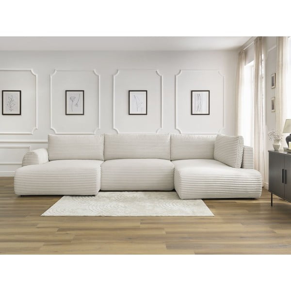 Кремав сгъваем/с място за съхранение ъглов диван от рипсено кадифе (десен ъгъл/U форма) Lucien – Bobochic Paris-image-1