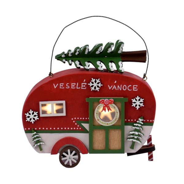 Червена декоративна LED каравана с коледна елха - Ego Dekor