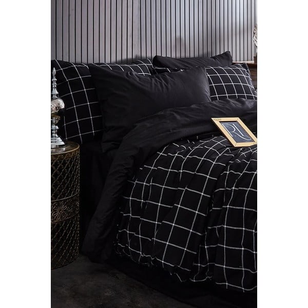 Черно двойно удължено спално бельо с включен долен чаршаф, 4 части 200x220 cm Geometric – Mila Home