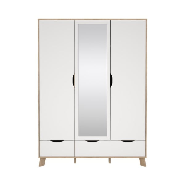 Гардероб от дъбов декор  с огледало в бял и естествен цвят 147x201x58 cm Ikast – Tvilum