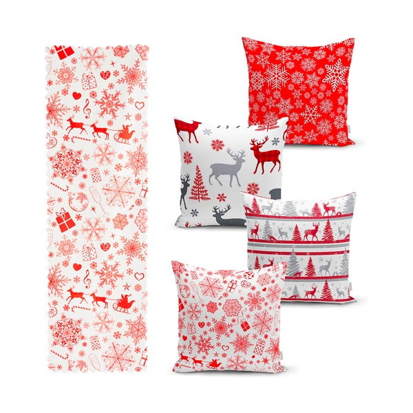 Комплект от 4 коледни калъфки за възглавници и покривка за маса Червена снежинка - Minimalist Cushion Covers