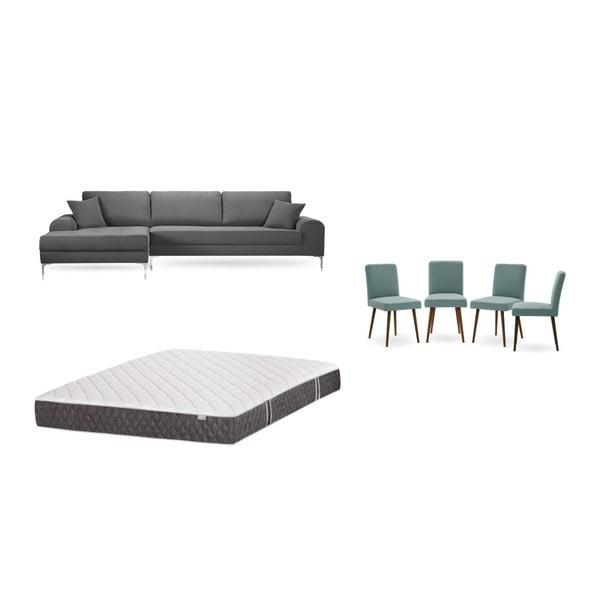 Комплект от сив диван с ляв фотьойл, 4 сиво-зелени стола и матрак 160 x 200 cm - Home Essentials