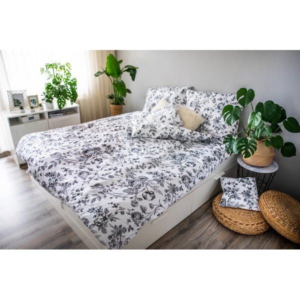 Черно-бяло памучно спално бельо от сатен Цвете, 140 x 200 cm Ema - Cotton House