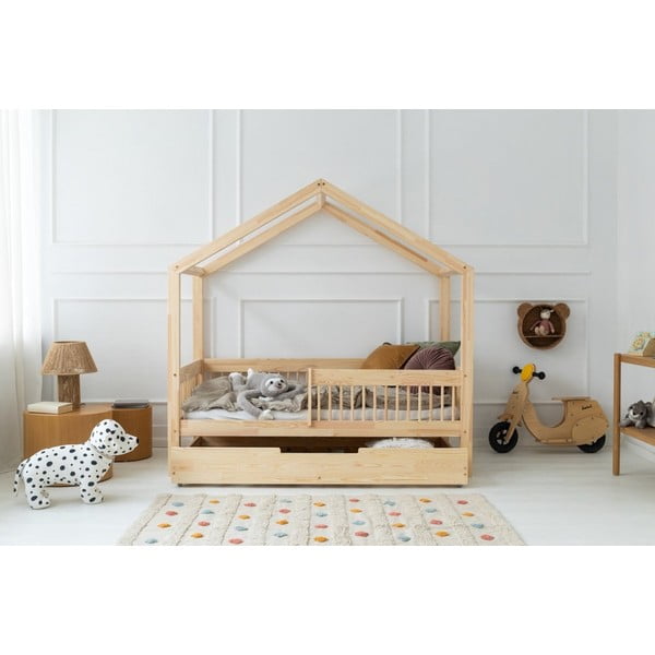 Разтегателно детско легло къща от масивен бор с място за съхранение в естествен цвят 90x140 cm Mila RMW – Adeko