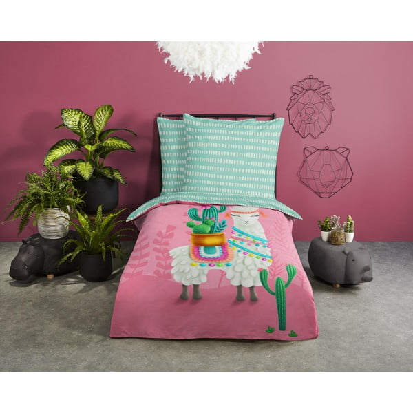 Розово-тюркоазено единично  памучно детско спално бельо 140x200 cm Lalama – Good Morning-image-1