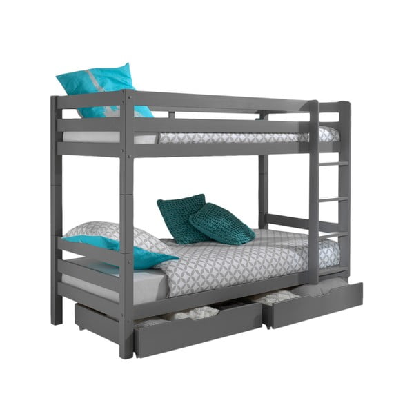 Сиво двуетажно детско легло от масивен бор с място за съхранение PINO – Vipack