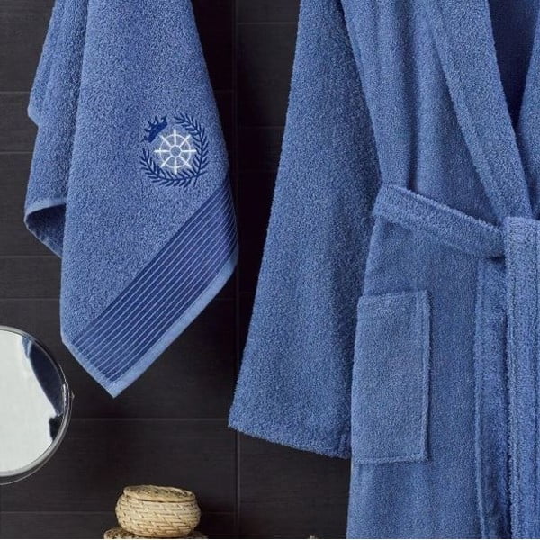 Син памучен халат за баня и кърпа в комплект размер S/M – Mila Home-image-1