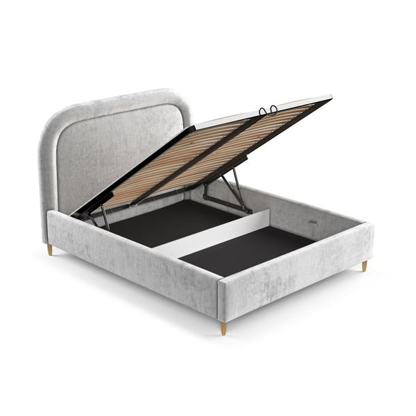 Светлосиво тапицирано двойно легло с място за съхранение с включена подматрачна рамка 140x200 cm Mija – Maison de Rêve-image-2