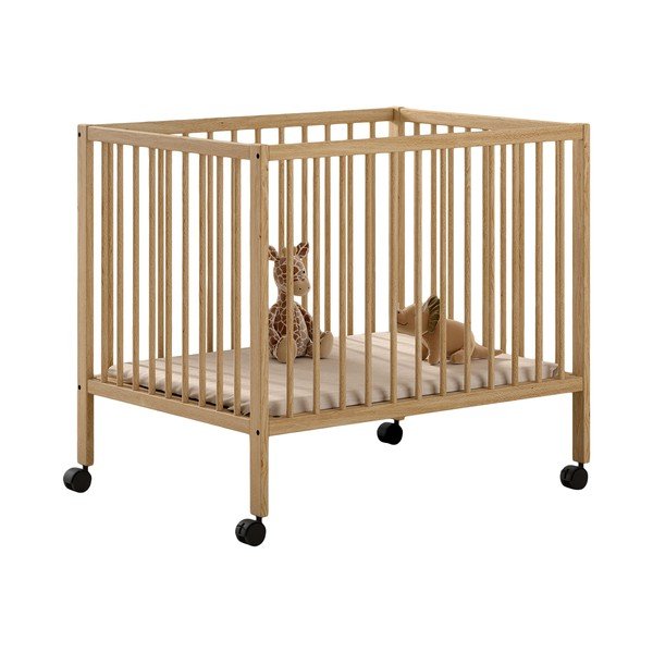 Кошара за игра от масивен бук с регулируема височина/на колелца 95x75 cm в естествен цвят Dino – Vipack