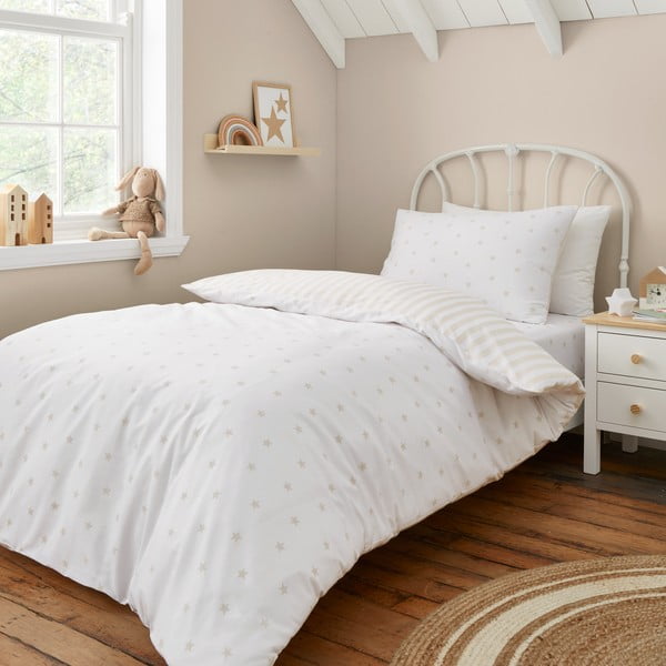 Бяло-бежово единично  памучно детско спално бельо 135x200 cm Mini Star & Stripes – Bianca-image-1