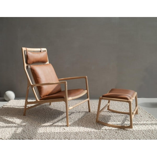 Отоман с масивна дъбова конструкция и детайли от черна биволска кожа Dedo - Gazzda-image-3