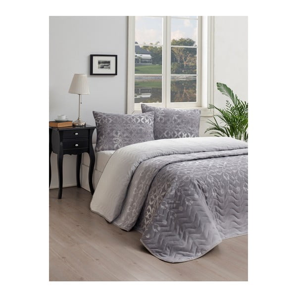 Комплект от памучна покривка за легло и 2 калъфки за възглавници EnLora Home Twed Grey, 200 x 220 cm - Mijolnir