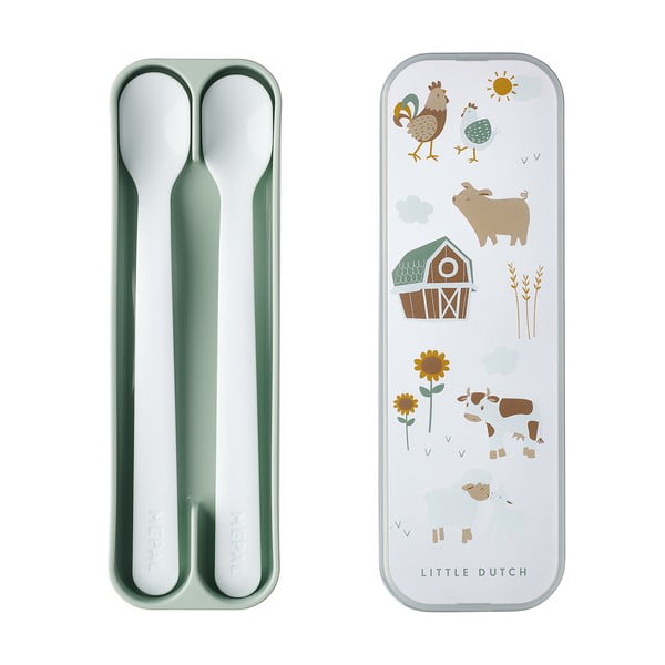Пластмасови бебешки лъжички в бяло и светлозелено в комплект от 2 броя Little farm – Mepal
