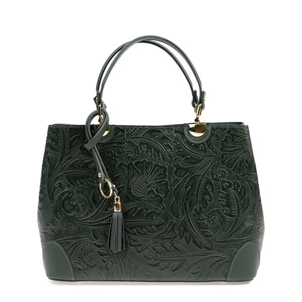 Зелена кожена чанта с цветя - Carla Ferreri