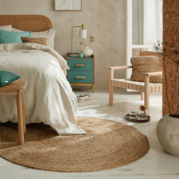 Кръгъл килим от юта в синьо-натурален цвят 133x133 cm Capri - Flair Rugs-image-1
