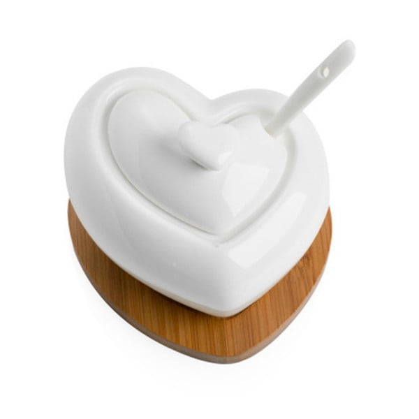Порцеланова захарница с лъжица и бамбукова подложка Сърце - Brandani-image-2