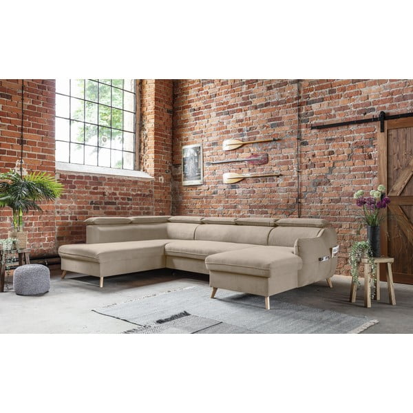 Бежов кадифен ъглов разтегателен диван във формата "U" (ляв ъгъл) Sweet Harmony - Miuform-image-4