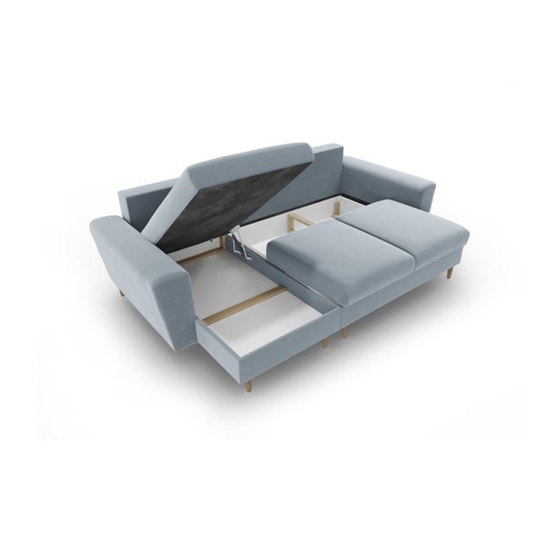 Светлосин кадифен разтегателен ъглов диван с място за съхранение Kyoto – Cosmopolitan Design-image-3