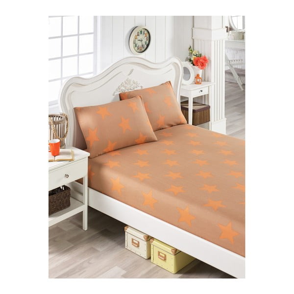 Комплект от оранжев памучен чаршаф и 2 калъфки за възглавници за единично легло Stars Lusno, 100 x 200 cm - Mijolnir