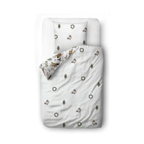 Бяло единично  спално бельо от памучен сатен 140x200 cm Festive Flowers – Butter Kings-image-2