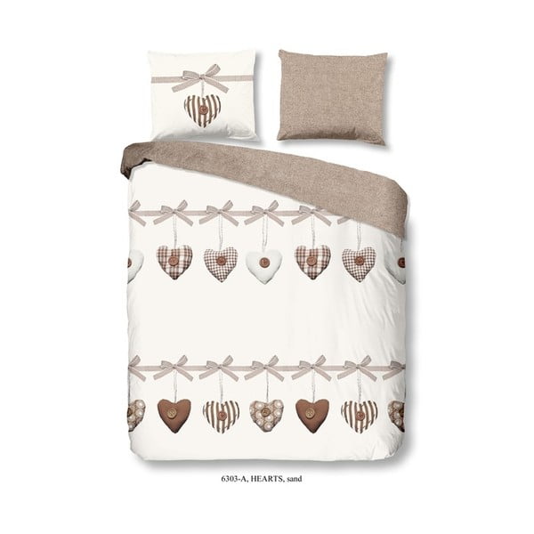 Бежово и бяло памучно спално бельо за двойно легло Hearts, 200 x 240 cm - Good Morning