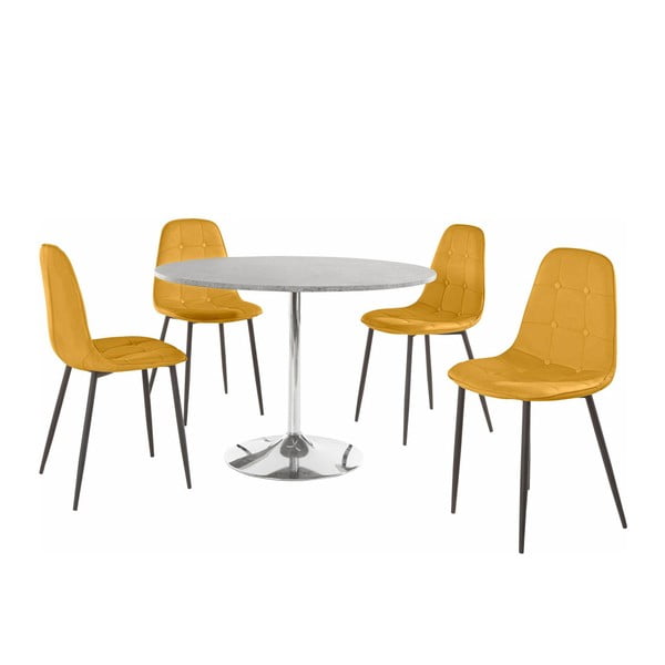 Sada kulatého jídelního stolu a 4 žlutých židlí Støraa Terri Concrete