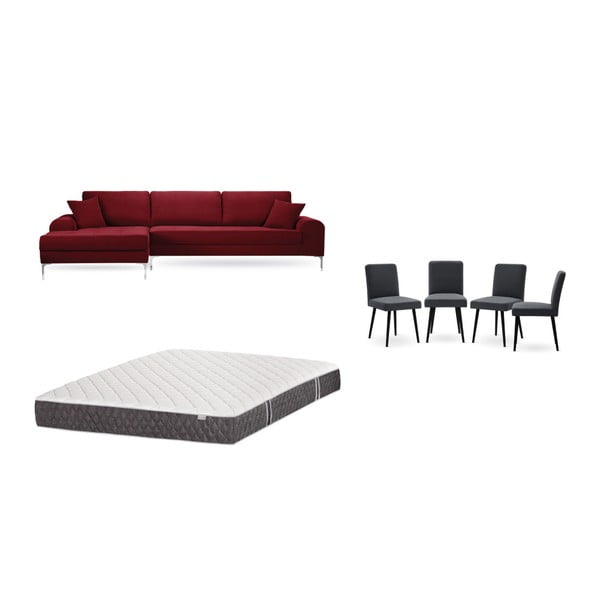 Комплект от червен диван с шезлонг вляво, 4 антрацитно сиви стола и матрак 160 x 200 cm - Home Essentials
