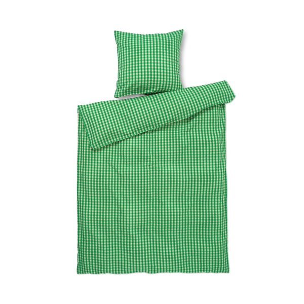 Зелено и бежово удължено крепирано спално бельо за единично легло 140x220 cm Bæk&Bølge - JUNA