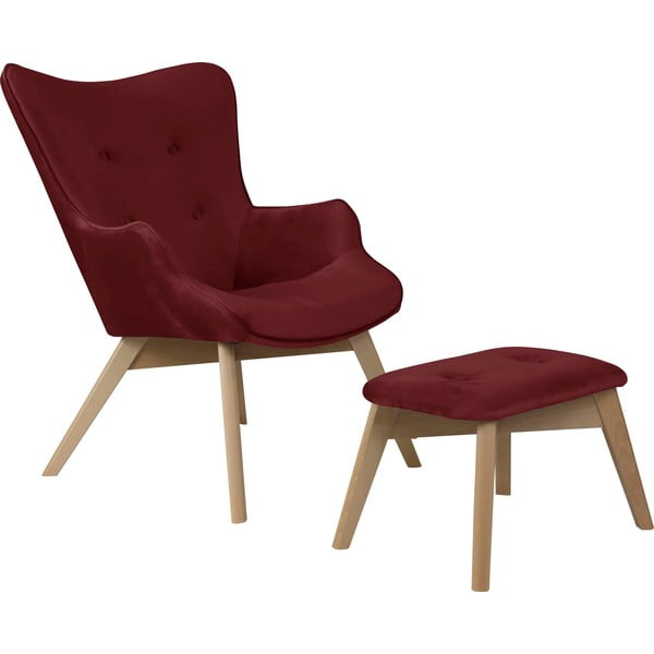 Червен  кадифен фотьойл с табуретка Niko – Ropez