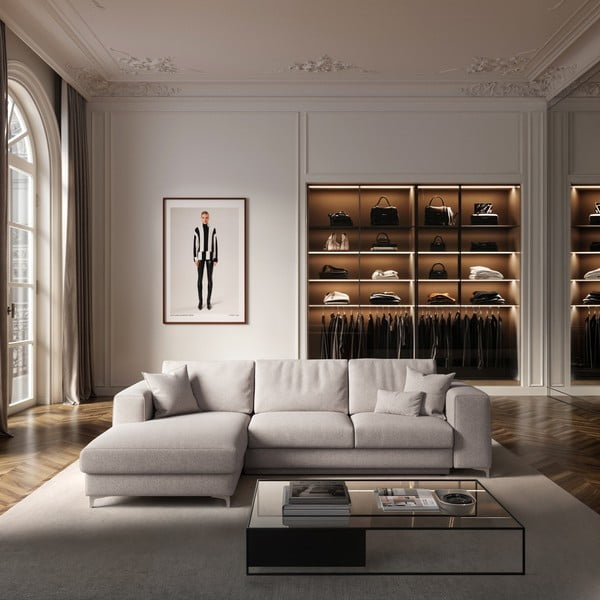 Светлосив разтегателен ъглов диван с място за съхранение от букле (ляв ъгъл) Rene – Rodier-image-1