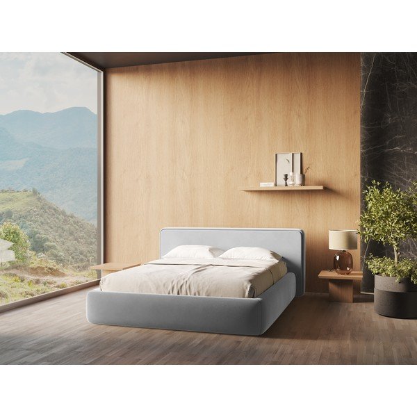 Сиво двойно тапицирано легло с място за съхранение и включена подматрачна рамка 160x200 cm Kiana – Makamii-image-1