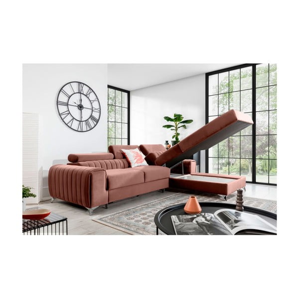 Розов кадифен разтегателен ъглов диван с място за съхранение (десен ъгъл) Grayson – ELTAP-image-3