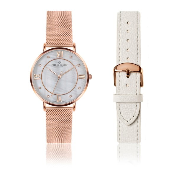 Дамски часовник със сменяема каишка от неръждаема стомана в розово злато и естествена кожа Monte - Frederic Graff