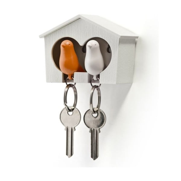 Bílý věšáček na klíče s oranžovou a bílou klíčenkou Qualy Duo Sparrow