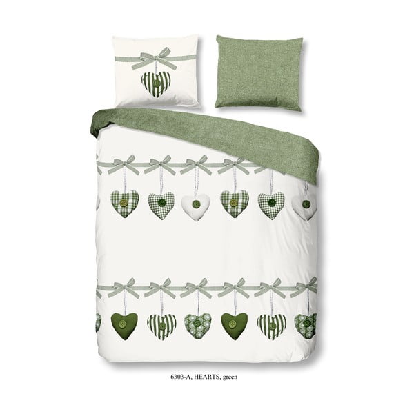 Зелено памучно единично спално бельо Hearts, 135 x 200 cm - Good Morning