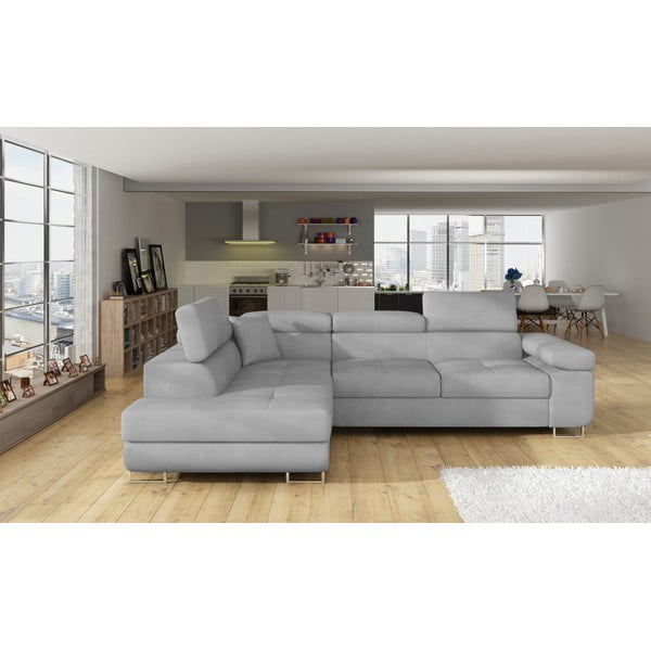Светлосив кадифен разтегателен ъглов диван с място за съхранение (ляв ъгъл L форма) Anton – ELTAP-image-1